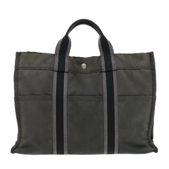 HERMES Fourre Tout MM Tote Bag Canvas Black Gray Silver Auth ti2090 - Picture 1 of 16
